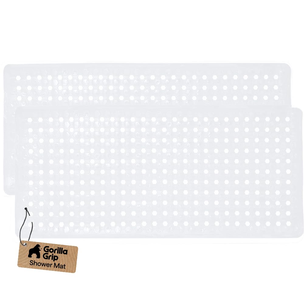 GORILLA GRIP Patented Bath Tub Shower Mat, Machine Washable Bathtub Floor Liner Mats, Suction Cups and Drain Holes to Keep Tubs Clean, Soft on Feet, Bathroom Essentials, 35x16 Inch, Clear