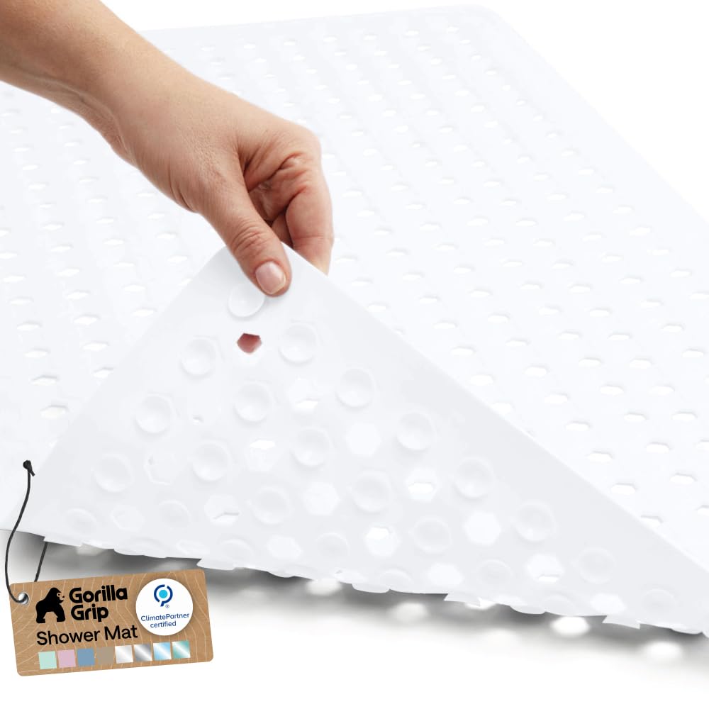 GORILLA GRIP Patented Bath Tub Shower Mat, Machine Washable Bathtub Floor Liner Mats, Suction Cups and Drain Holes to Keep Tubs Clean, Soft on Feet, Bathroom Essentials, 35x16 Inch, Clear