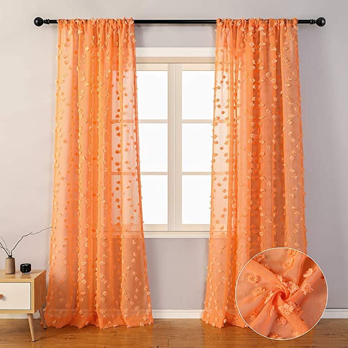 2 Panels 52"W x 84"L Dusty Rose Pom Pom Sheer Curtains Rod Pocket Light Filtering Boho Window Drapes for Girls Bedroom Nursery Kids Room