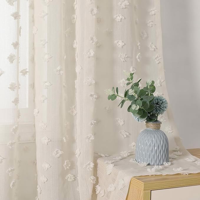 2 Panels 52"W x 84"L Dusty Rose Pom Pom Sheer Curtains Rod Pocket Light Filtering Boho Window Drapes for Girls Bedroom Nursery Kids Room