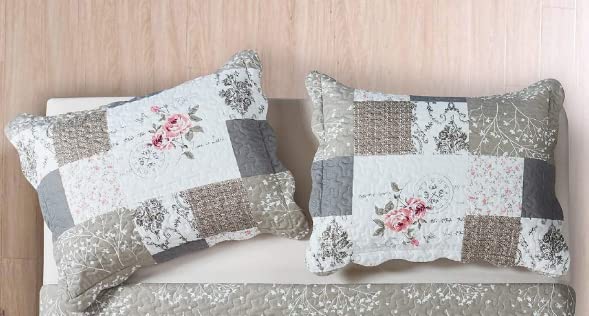 Brilliant Sunshine Pink and Green Rose Patchwork Ruffle Pillowshams, Quilted Decorative Pillow Covers Set, Square Throw Cushion Cases for Couch, Recliner, Armchair, Bed, 18x18, Pack of 2, Pink Green