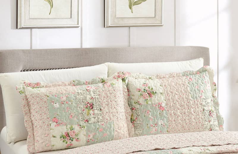 Brilliant Sunshine Pink and Green Rose Patchwork Ruffle Pillowshams, Quilted Decorative Pillow Covers Set, Square Throw Cushion Cases for Couch, Recliner, Armchair, Bed, 18x18, Pack of 2, Pink Green