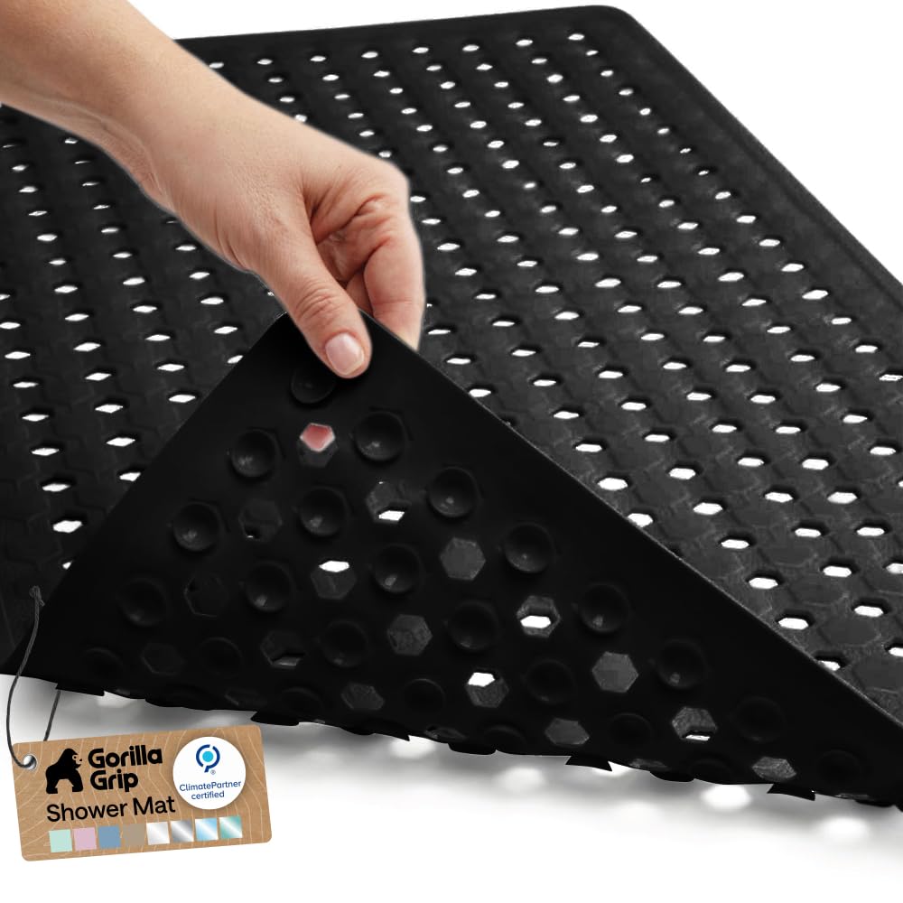 GORILLA GRIP Patented Bath Tub Shower Mat, Machine Washable Bathtub Floor Liner Mats, Suction Cups and Drain Holes to Keep Tubs Clean, Soft on Feet, Bathroom Essentials, 35x16 Inch, Clear