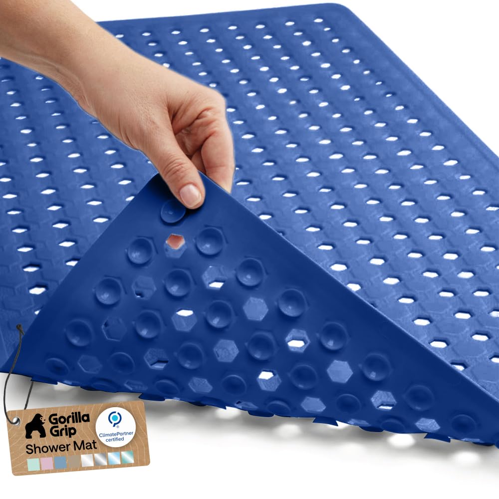 GORILLA GRIP Patented Bath Tub Shower Mat, Machine Washable Bathtub Floor Liner Mats, Suction Cups and Drain Holes to Keep Tubs Clean, Soft on Feet, Bathroom Essentials, 35x16 Inch, Clear