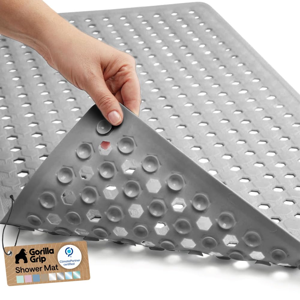 GORILLA GRIP Patented Bath Tub Shower Mat, Machine Washable Bathtub Floor Liner Mats, Suction Cups and Drain Holes to Keep Tubs Clean, Soft on Feet, Bathroom Essentials, 35x16 Inch, Clear