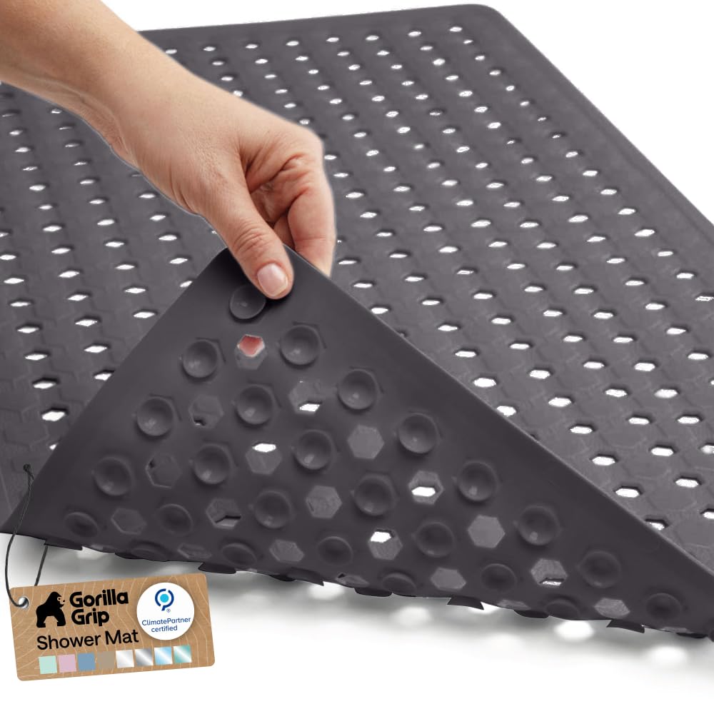 GORILLA GRIP Patented Bath Tub Shower Mat, Machine Washable Bathtub Floor Liner Mats, Suction Cups and Drain Holes to Keep Tubs Clean, Soft on Feet, Bathroom Essentials, 35x16 Inch, Clear