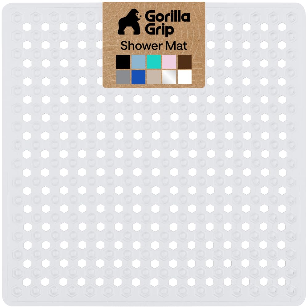 GORILLA GRIP Patented Bath Tub Shower Mat, Machine Washable Bathtub Floor Liner Mats, Suction Cups and Drain Holes to Keep Tubs Clean, Soft on Feet, Bathroom Essentials, 35x16 Inch, Clear
