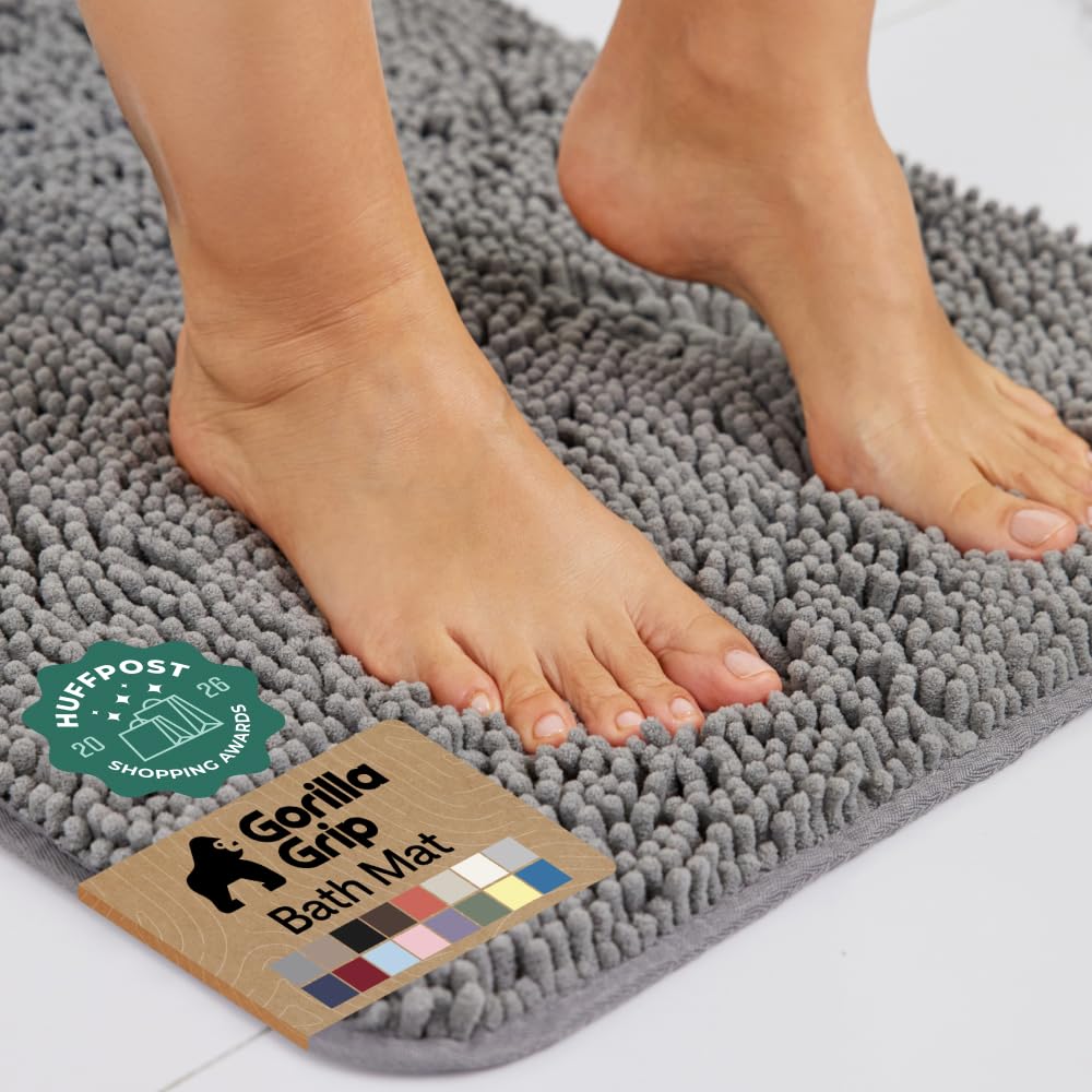 GORILLA GRIP Bath Rug Mat, Thick Soft Absorbent Chenille, Quick Dry Microfiber Mats, Rubber Backing, Machine Washable Shower Floor Rugs, Bathroom Bathmat Home Decor Accessories, 24x17 Grey