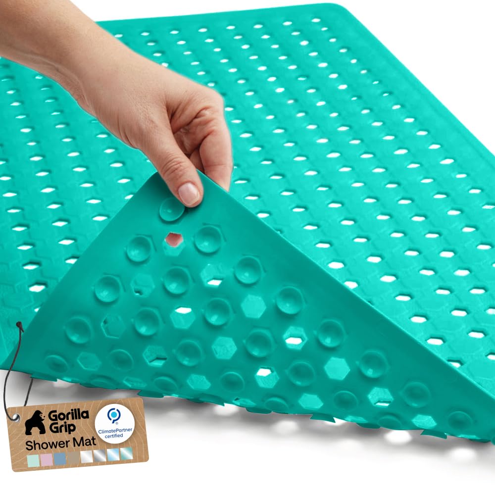GORILLA GRIP Patented Bath Tub Shower Mat, Machine Washable Bathtub Floor Liner Mats, Suction Cups and Drain Holes to Keep Tubs Clean, Soft on Feet, Bathroom Essentials, 35x16 Inch, Clear