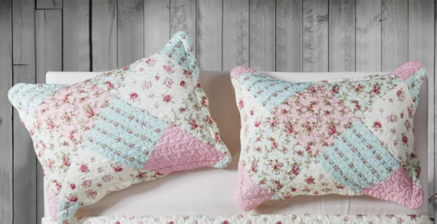 Brilliant Sunshine Pink and Green Rose Patchwork Ruffle Pillowshams, Quilted Decorative Pillow Covers Set, Square Throw Cushion Cases for Couch, Recliner, Armchair, Bed, 18x18, Pack of 2, Pink Green