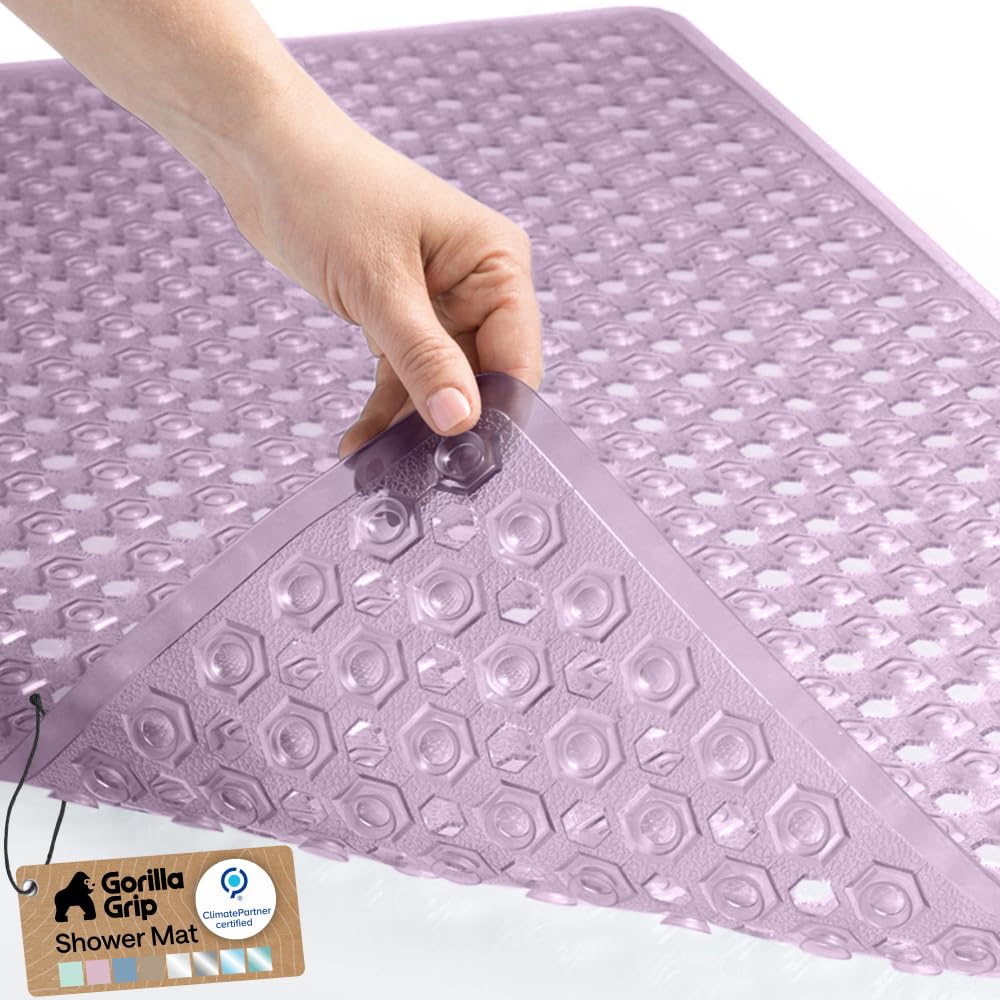 GORILLA GRIP Patented Bath Tub Shower Mat, Machine Washable Bathtub Floor Liner Mats, Suction Cups and Drain Holes to Keep Tubs Clean, Soft on Feet, Bathroom Essentials, 35x16 Inch, Clear