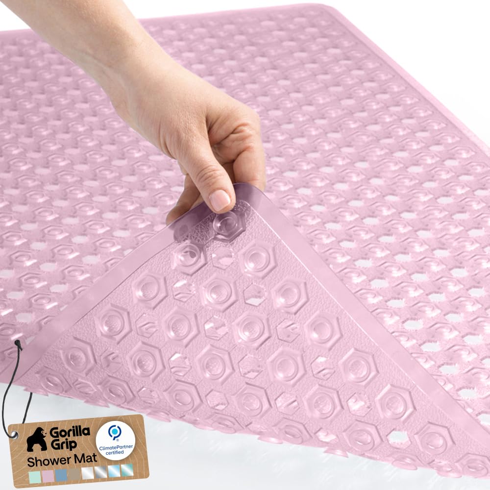 GORILLA GRIP Patented Bath Tub Shower Mat, Machine Washable Bathtub Floor Liner Mats, Suction Cups and Drain Holes to Keep Tubs Clean, Soft on Feet, Bathroom Essentials, 35x16 Inch, Clear