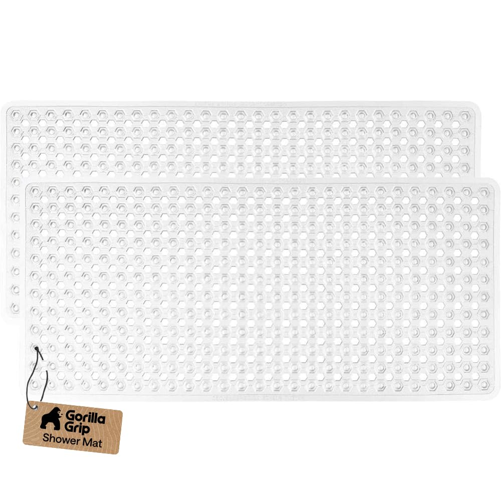 GORILLA GRIP Patented Bath Tub Shower Mat, Machine Washable Bathtub Floor Liner Mats, Suction Cups and Drain Holes to Keep Tubs Clean, Soft on Feet, Bathroom Essentials, 35x16 Inch, Clear