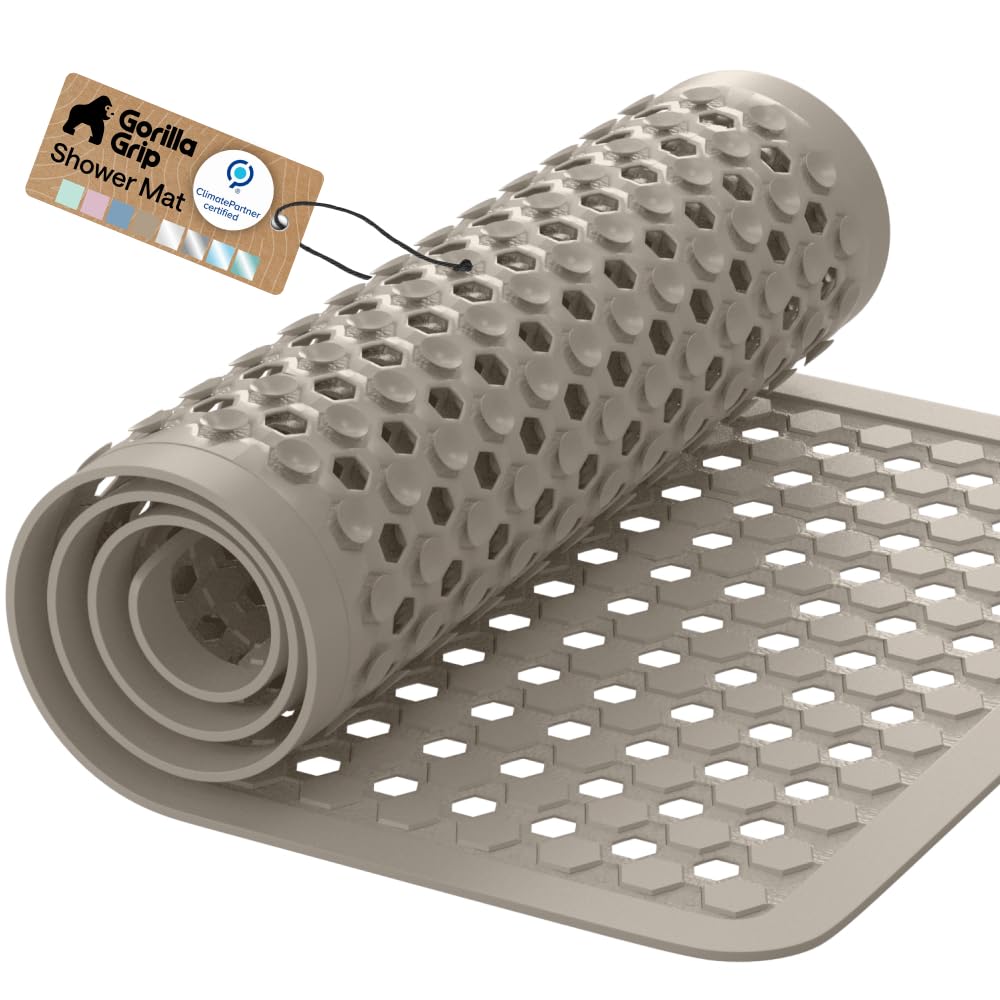 GORILLA GRIP Patented Bath Tub Shower Mat, Machine Washable Bathtub Floor Liner Mats, Suction Cups and Drain Holes to Keep Tubs Clean, Soft on Feet, Bathroom Essentials, 35x16 Inch, Clear