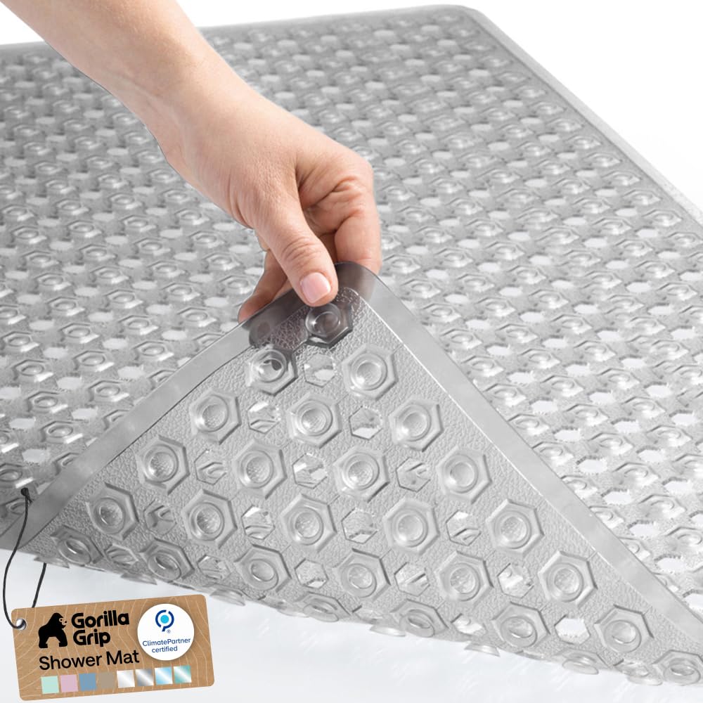 GORILLA GRIP Patented Bath Tub Shower Mat, Machine Washable Bathtub Floor Liner Mats, Suction Cups and Drain Holes to Keep Tubs Clean, Soft on Feet, Bathroom Essentials, 35x16 Inch, Clear