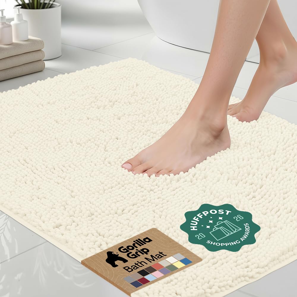 GORILLA GRIP Bath Rug Mat, Thick Soft Absorbent Chenille, Quick Dry Microfiber Mats, Rubber Backing, Machine Washable Shower Floor Rugs, Bathroom Bathmat Home Decor Accessories, 24x17 Grey