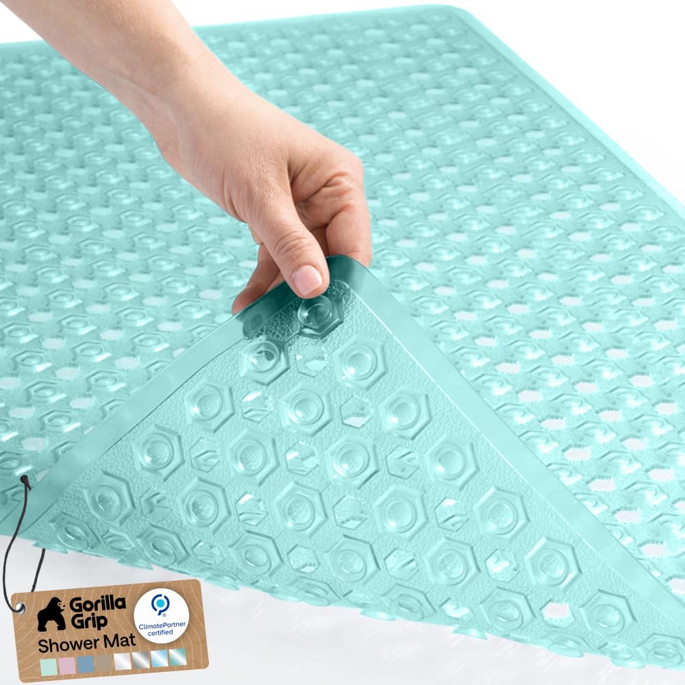 GORILLA GRIP Patented Bath Tub Shower Mat, Machine Washable Bathtub Floor Liner Mats, Suction Cups and Drain Holes to Keep Tubs Clean, Soft on Feet, Bathroom Essentials, 35x16 Inch, Clear
