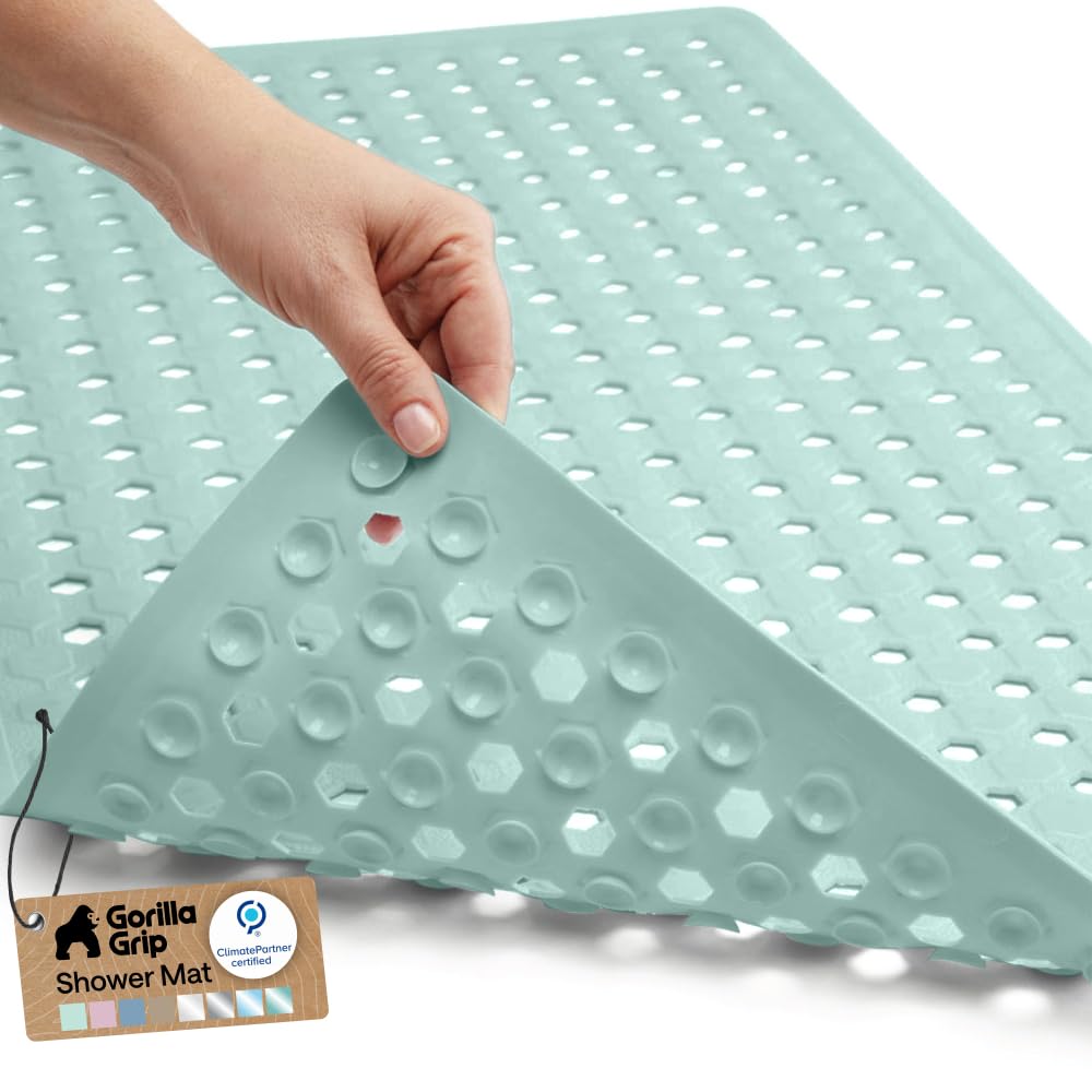 GORILLA GRIP Patented Bath Tub Shower Mat, Machine Washable Bathtub Floor Liner Mats, Suction Cups and Drain Holes to Keep Tubs Clean, Soft on Feet, Bathroom Essentials, 35x16 Inch, Clear