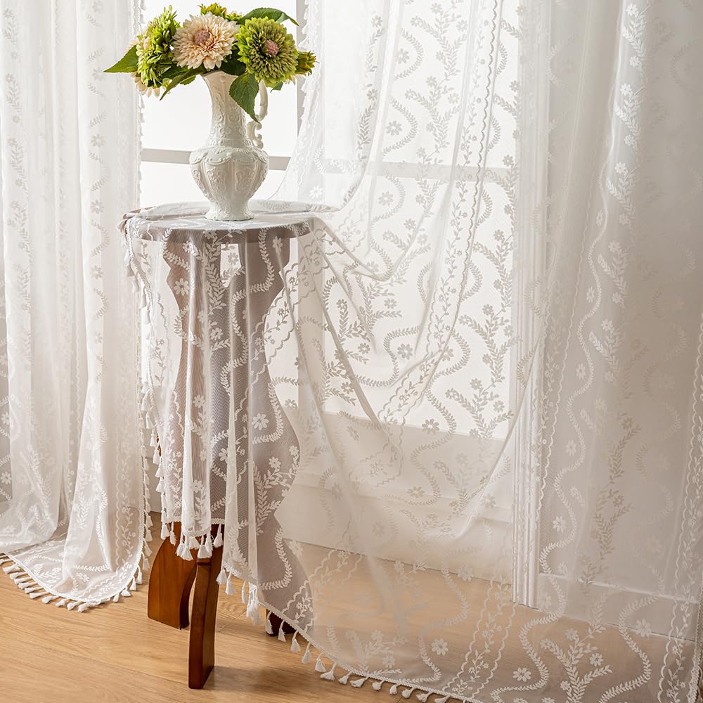 WAZZIO Boho Lace Curtains 2 Panels 84 Inches Long-Cute Vintage Victorian Sheer Panels with French Country Flower Pattern & Tassel Light Filtering Privacy for Bedroom Dining Living Room,Beige