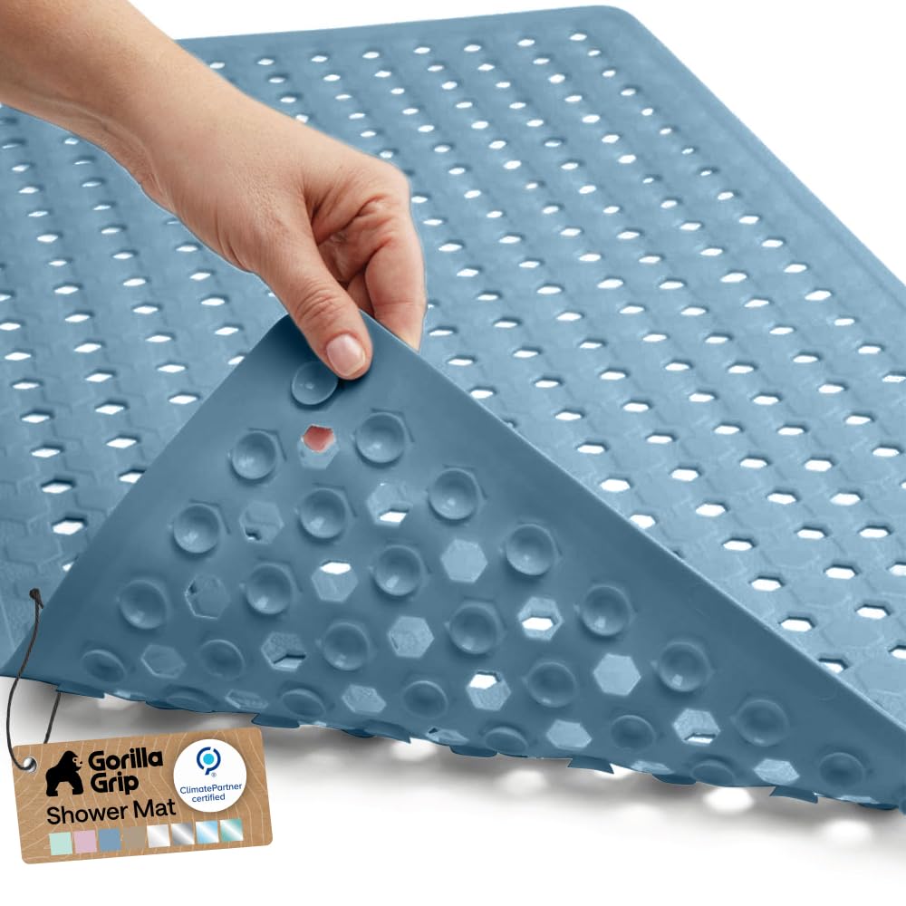 GORILLA GRIP Patented Bath Tub Shower Mat, Machine Washable Bathtub Floor Liner Mats, Suction Cups and Drain Holes to Keep Tubs Clean, Soft on Feet, Bathroom Essentials, 35x16 Inch, Clear