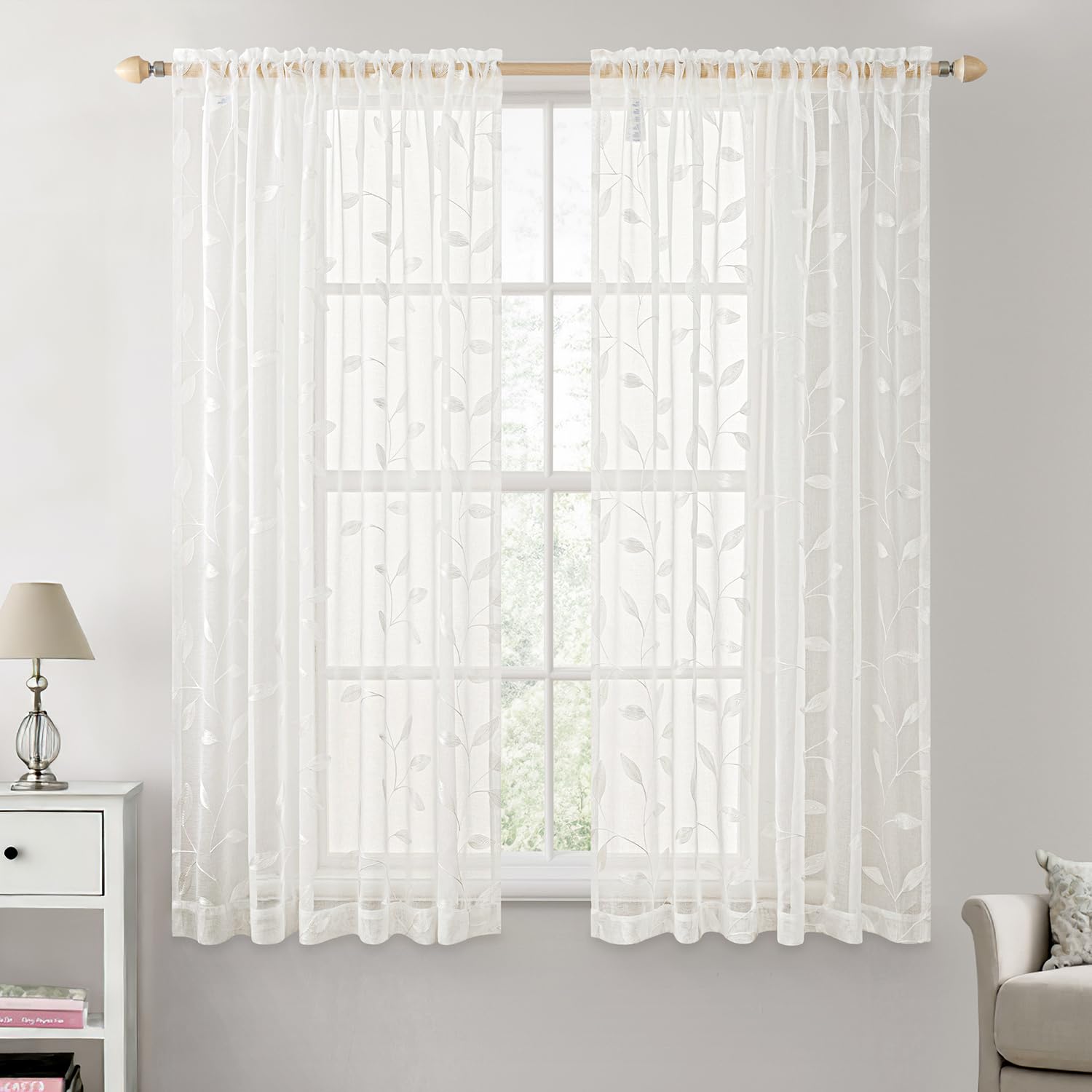 MIULEE Sage Green Sheer Curtains 2 Panels Embroidered Leaf Patterned Rod Pocket Floral Semi Sheer Faux Linen Window Curtains Drapes Set for Living Room Bedroom Dining Room, 52x84 Inches Long