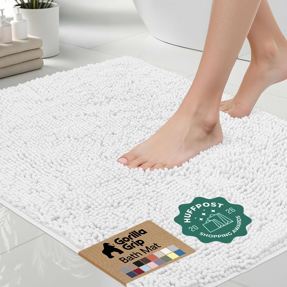GORILLA GRIP Bath Rug Mat, Thick Soft Absorbent Chenille, Quick Dry Microfiber Mats, Rubber Backing, Machine Washable Shower Floor Rugs, Bathroom Bathmat Home Decor Accessories, 24x17 Grey