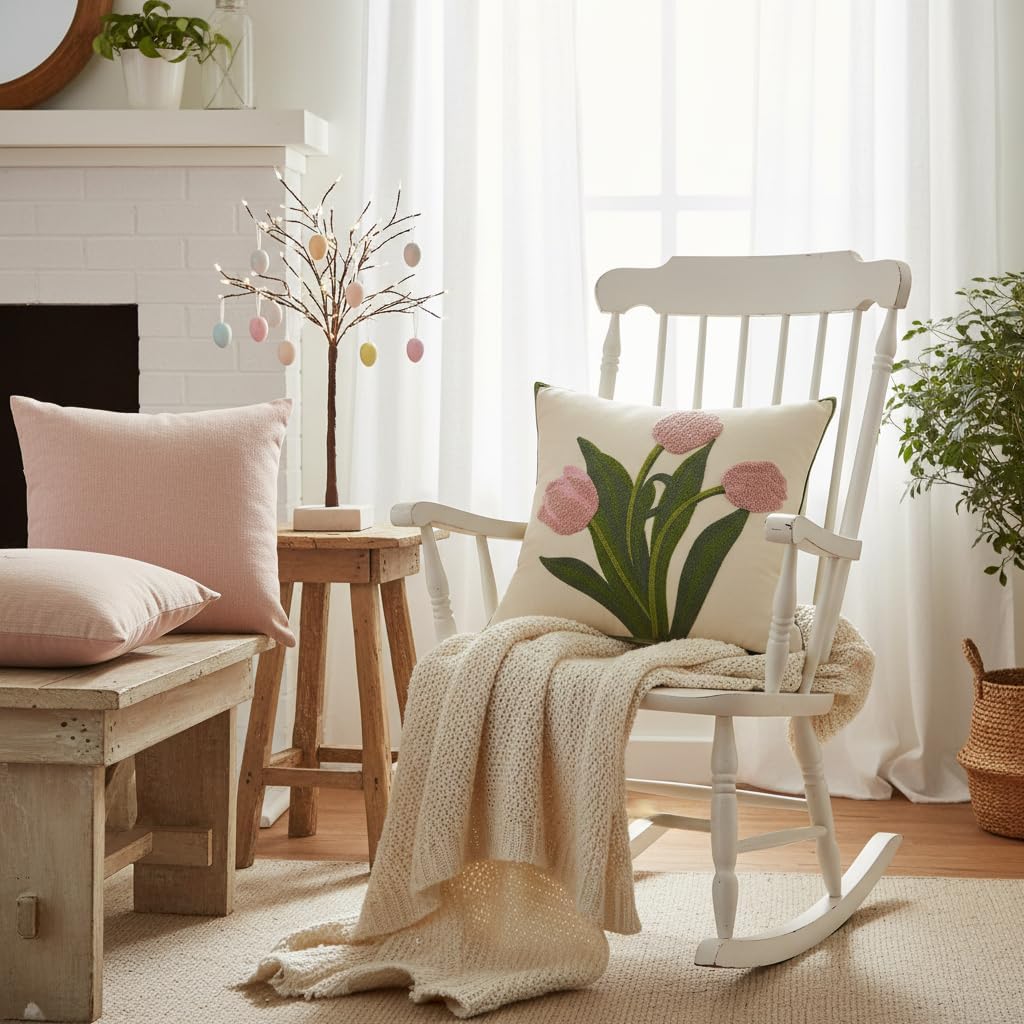 Pack of 2 18x18 Inch Embroidered Pink Tulip Green Leaves Tufted Throw Pillow Covers Square Floral Farmhouse Decor Cushion Cases