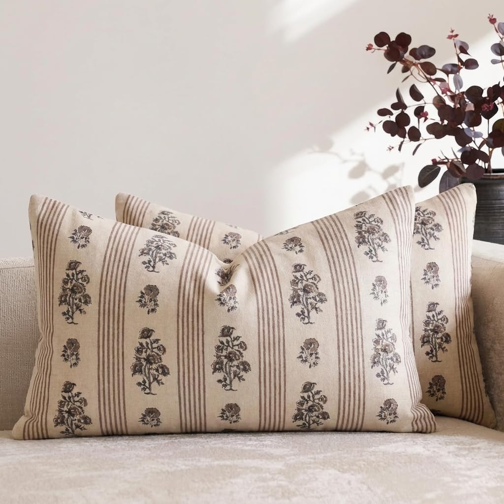 Amor Virisso Farmhouse Floral Throw Pillow Covers 18x18 Set of 2 Block Print Pillow Covers Neutral Boho Floral Striped Decorative Pillow Covers for Sofa Couch Bed, Brown