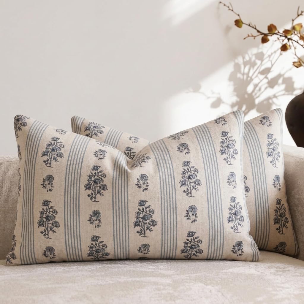 Amor Virisso Farmhouse Floral Throw Pillow Covers 18x18 Set of 2 Block Print Pillow Covers Neutral Boho Floral Striped Decorative Pillow Covers for Sofa Couch Bed, Brown