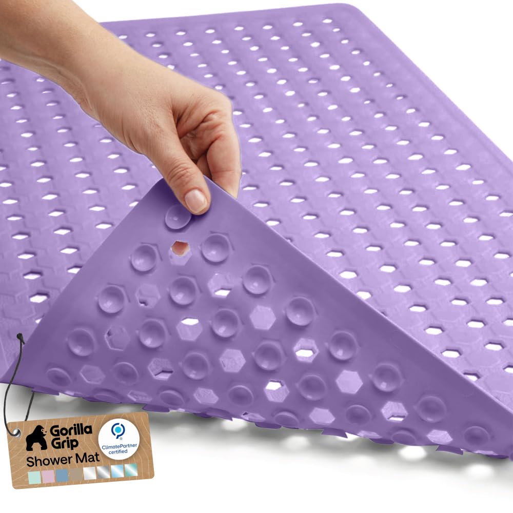 GORILLA GRIP Patented Bath Tub Shower Mat, Machine Washable Bathtub Floor Liner Mats, Suction Cups and Drain Holes to Keep Tubs Clean, Soft on Feet, Bathroom Essentials, 35x16 Inch, Clear