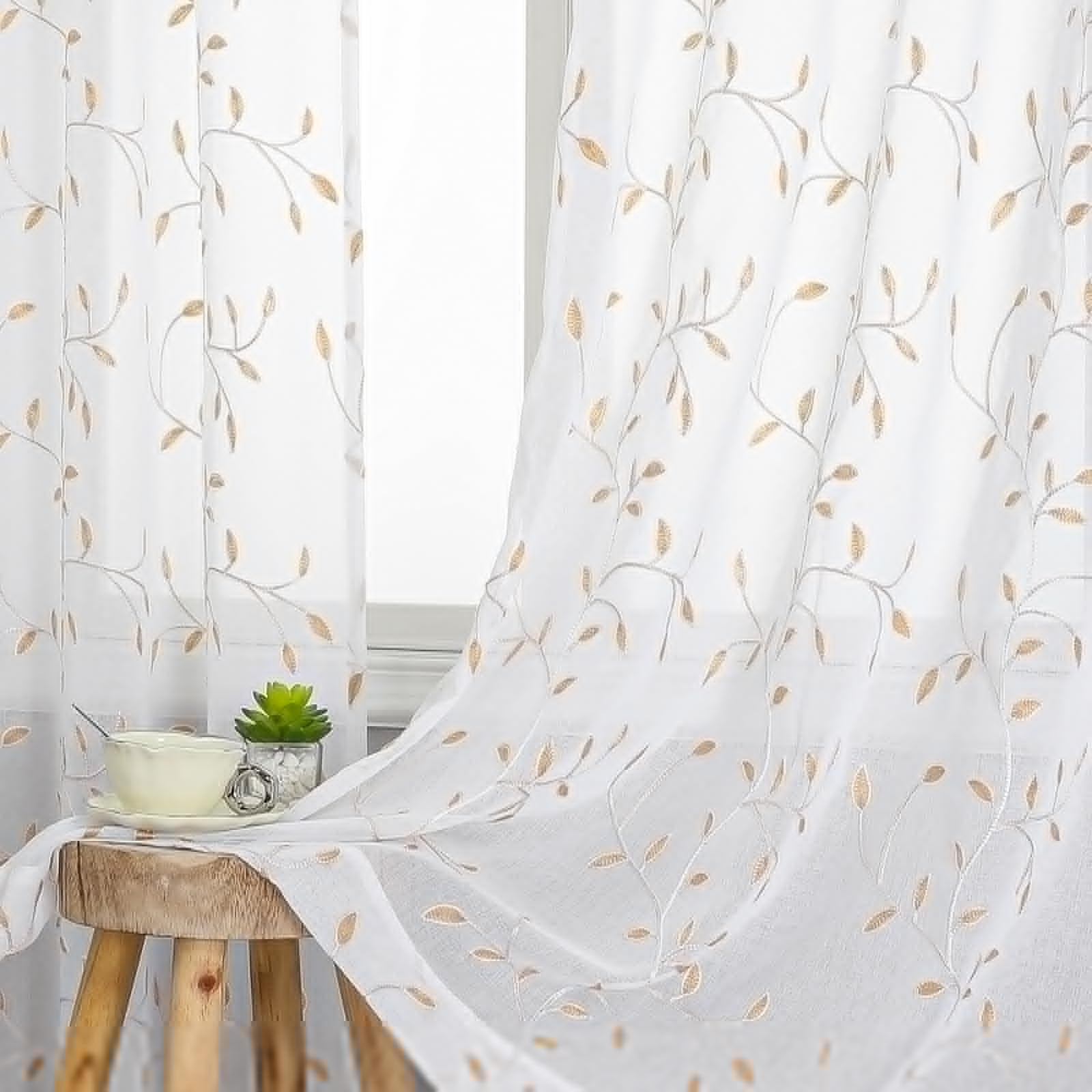 VISIONTEX 2 Panels Sheer Curtains 84 Inches Long, Cream Beige Floral Leaf Embroidered Semi Sheer Voile Curtains, Rod Pocket Light Filtering Window Drapes for Bedroom Living Room 54W x 84L