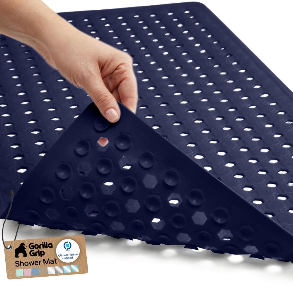GORILLA GRIP Patented Bath Tub Shower Mat, Machine Washable Bathtub Floor Liner Mats, Suction Cups and Drain Holes to Keep Tubs Clean, Soft on Feet, Bathroom Essentials, 35x16 Inch, Clear