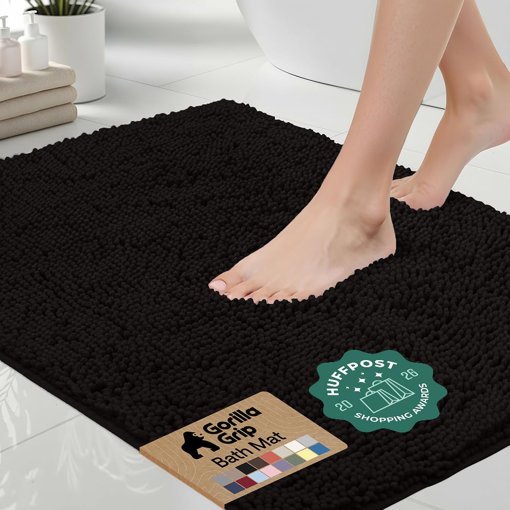 GORILLA GRIP Bath Rug Mat, Thick Soft Absorbent Chenille, Quick Dry Microfiber Mats, Rubber Backing, Machine Washable Shower Floor Rugs, Bathroom Bathmat Home Decor Accessories, 24x17 Grey