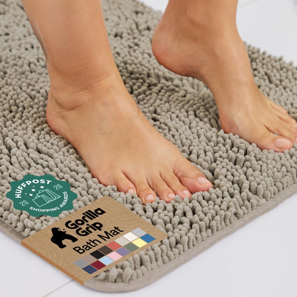 GORILLA GRIP Bath Rug Mat, Thick Soft Absorbent Chenille, Quick Dry Microfiber Mats, Rubber Backing, Machine Washable Shower Floor Rugs, Bathroom Bathmat Home Decor Accessories, 24x17 Grey