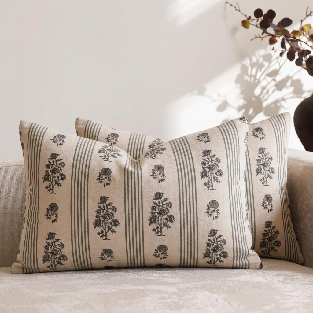 Amor Virisso Farmhouse Floral Throw Pillow Covers 18x18 Set of 2 Block Print Pillow Covers Neutral Boho Floral Striped Decorative Pillow Covers for Sofa Couch Bed, Brown