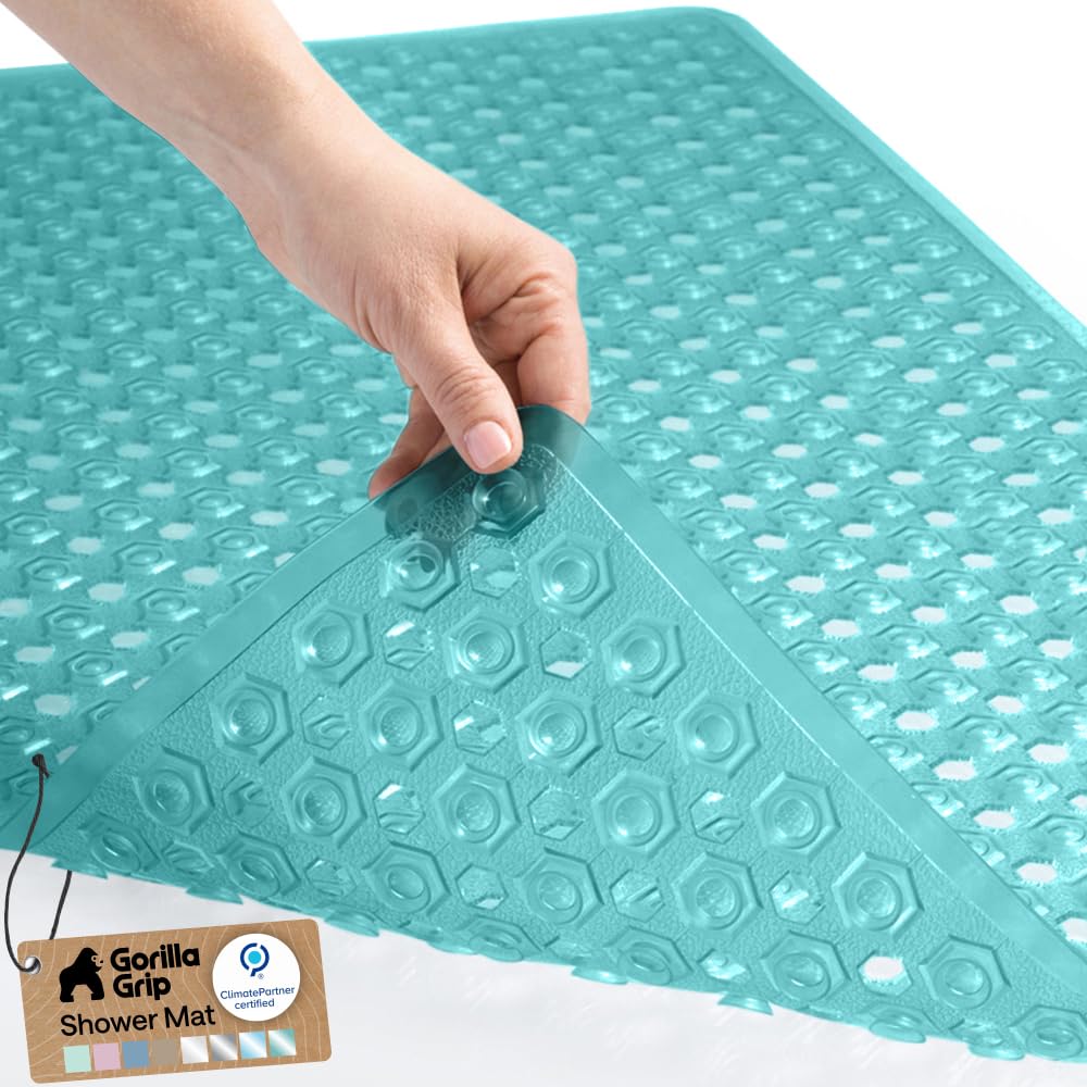 GORILLA GRIP Patented Bath Tub Shower Mat, Machine Washable Bathtub Floor Liner Mats, Suction Cups and Drain Holes to Keep Tubs Clean, Soft on Feet, Bathroom Essentials, 35x16 Inch, Clear