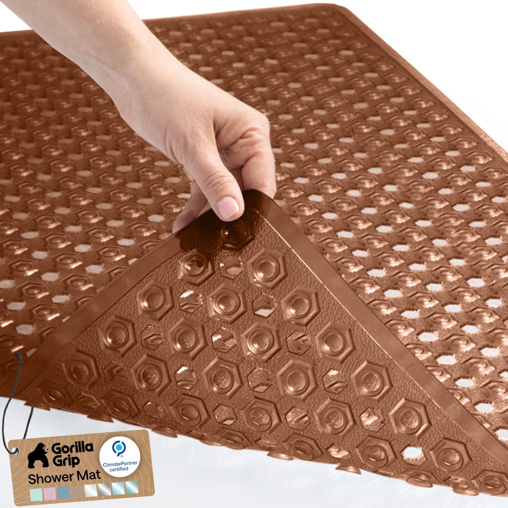 GORILLA GRIP Patented Bath Tub Shower Mat, Machine Washable Bathtub Floor Liner Mats, Suction Cups and Drain Holes to Keep Tubs Clean, Soft on Feet, Bathroom Essentials, 35x16 Inch, Clear