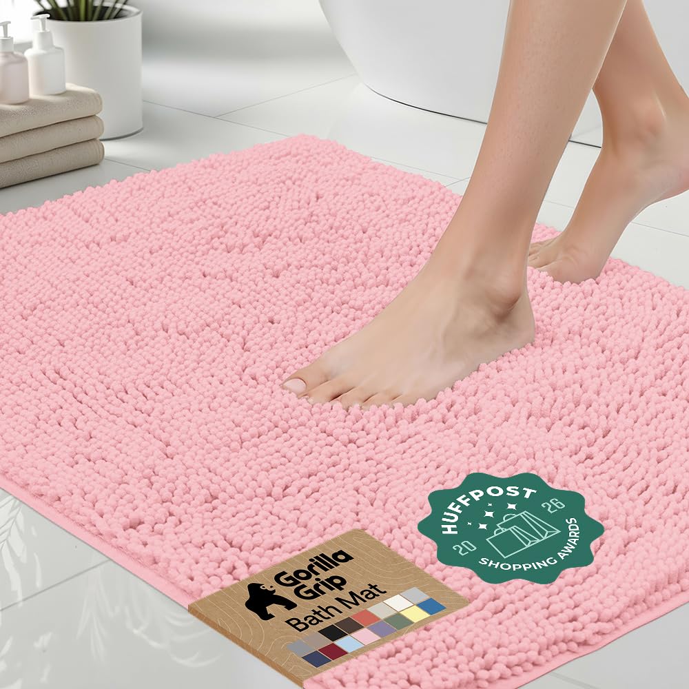 GORILLA GRIP Bath Rug Mat, Thick Soft Absorbent Chenille, Quick Dry Microfiber Mats, Rubber Backing, Machine Washable Shower Floor Rugs, Bathroom Bathmat Home Decor Accessories, 24x17 Grey