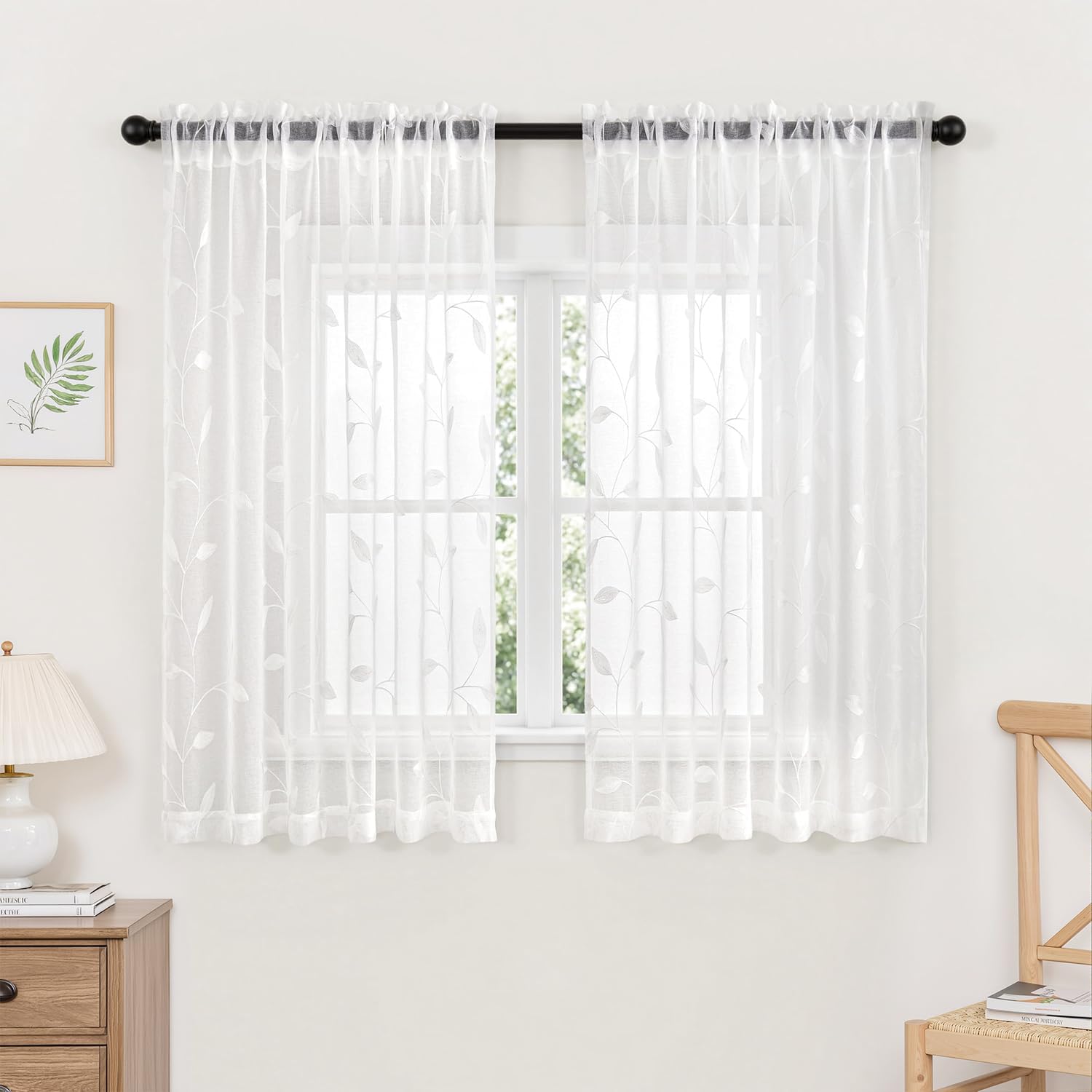 MIULEE Sage Green Sheer Curtains 2 Panels Embroidered Leaf Patterned Rod Pocket Floral Semi Sheer Faux Linen Window Curtains Drapes Set for Living Room Bedroom Dining Room, 52x84 Inches Long