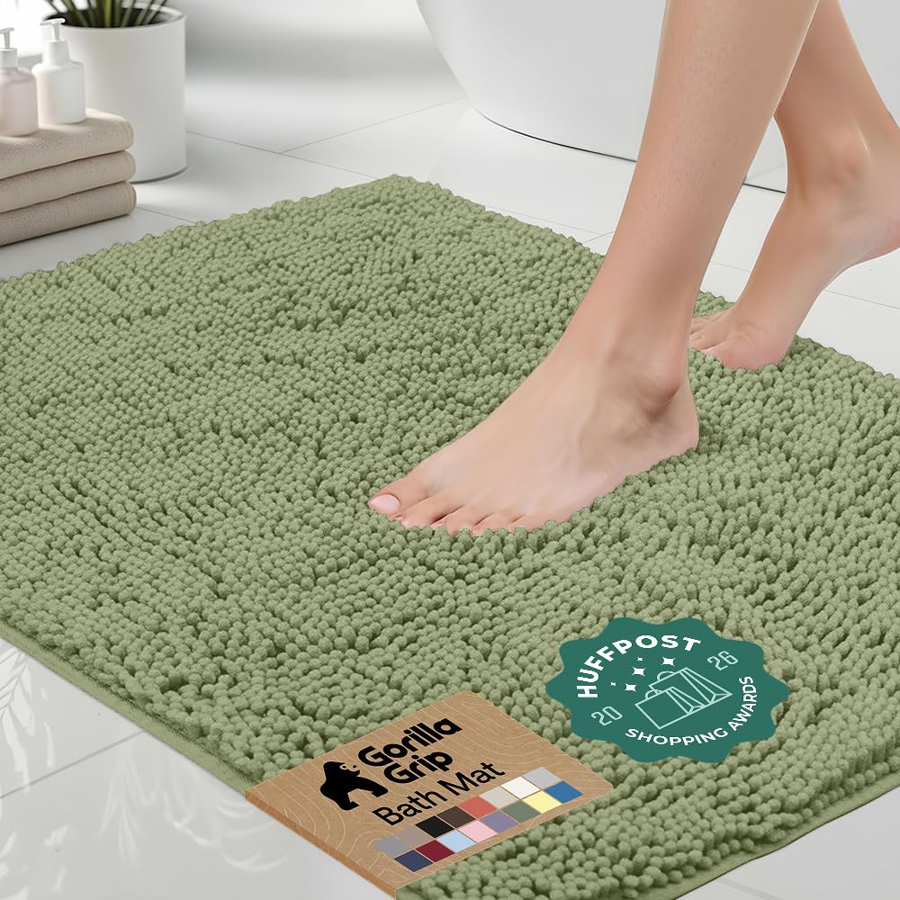 GORILLA GRIP Bath Rug Mat, Thick Soft Absorbent Chenille, Quick Dry Microfiber Mats, Rubber Backing, Machine Washable Shower Floor Rugs, Bathroom Bathmat Home Decor Accessories, 24x17 Grey