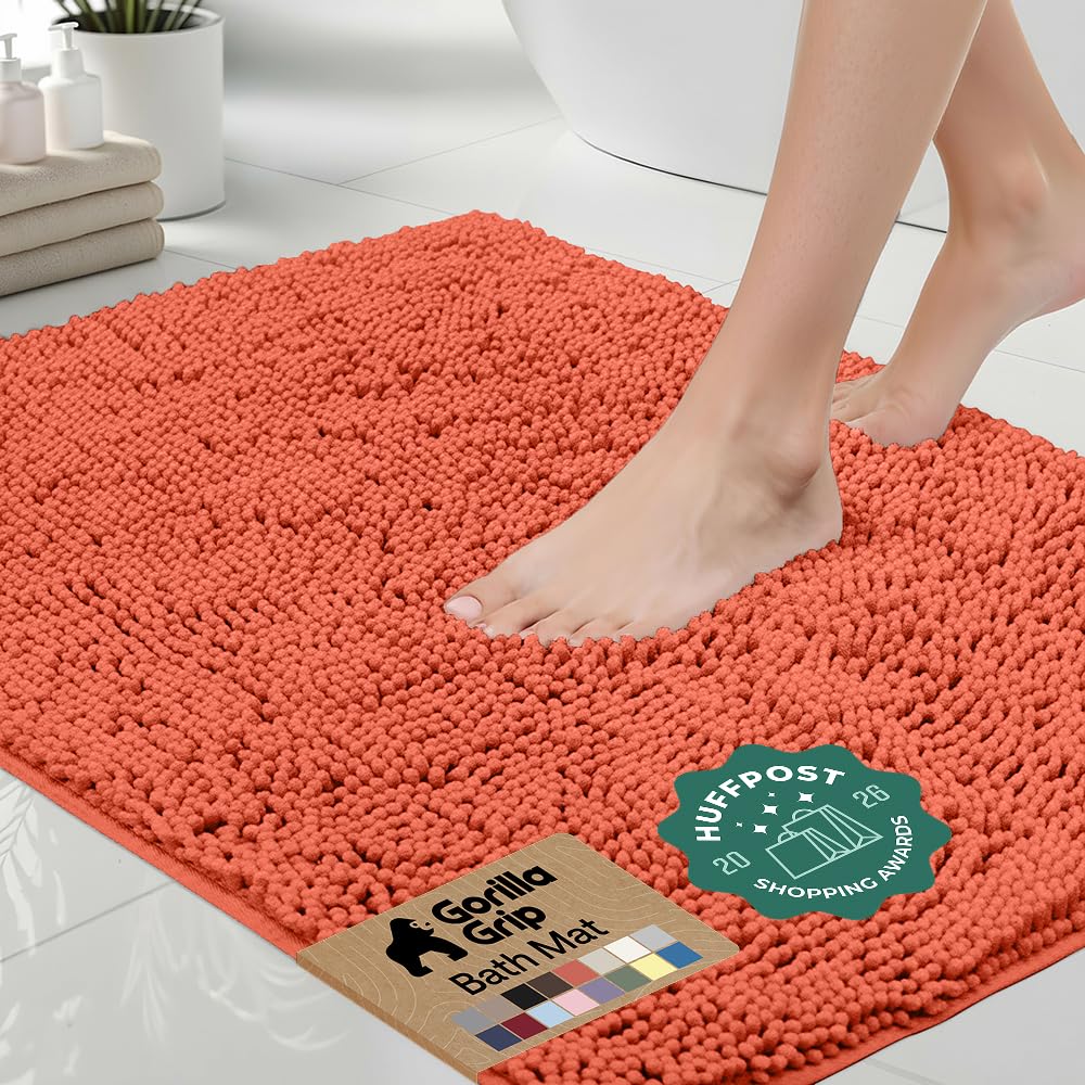 GORILLA GRIP Bath Rug Mat, Thick Soft Absorbent Chenille, Quick Dry Microfiber Mats, Rubber Backing, Machine Washable Shower Floor Rugs, Bathroom Bathmat Home Decor Accessories, 24x17 Grey