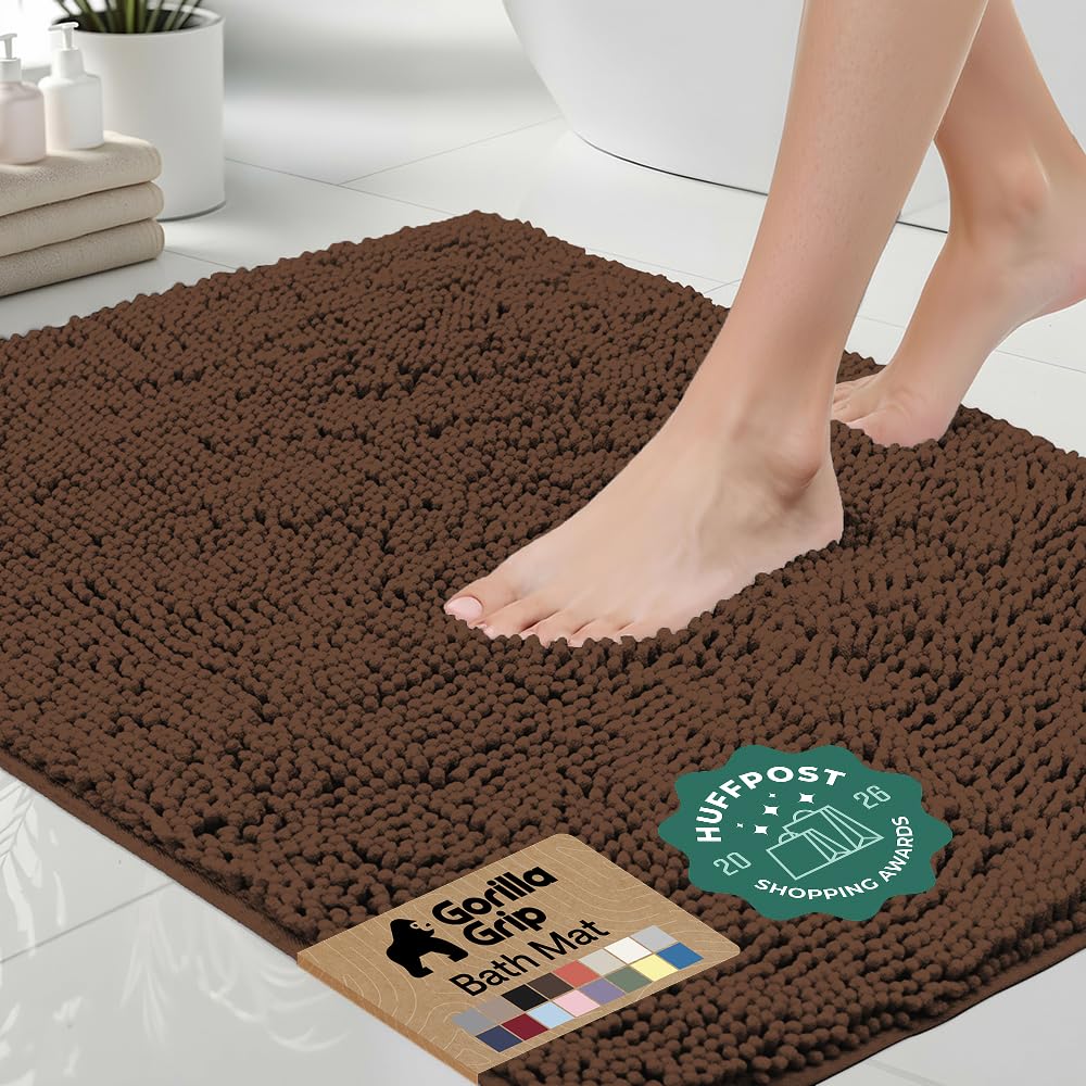 GORILLA GRIP Bath Rug Mat, Thick Soft Absorbent Chenille, Quick Dry Microfiber Mats, Rubber Backing, Machine Washable Shower Floor Rugs, Bathroom Bathmat Home Decor Accessories, 24x17 Grey