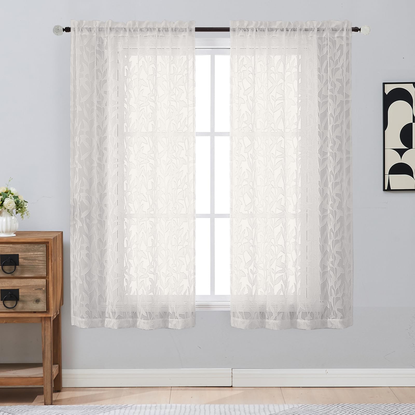 Gwine Sage Green Curtains 84 Inches Long 2 Panels Set, Light Filtering Soft Lightweight Sheer Curtains, Leaf Clip Jacquard Textured Curtain for Bedroom Living Room, 42Wx84L Inches, 2PCS