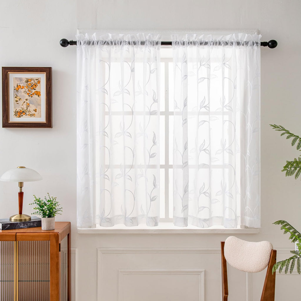 VISIONTEX 2 Panels Sheer Curtains 84 Inches Long, Cream Beige Floral Leaf Embroidered Semi Sheer Voile Curtains, Rod Pocket Light Filtering Window Drapes for Bedroom Living Room 54W x 84L