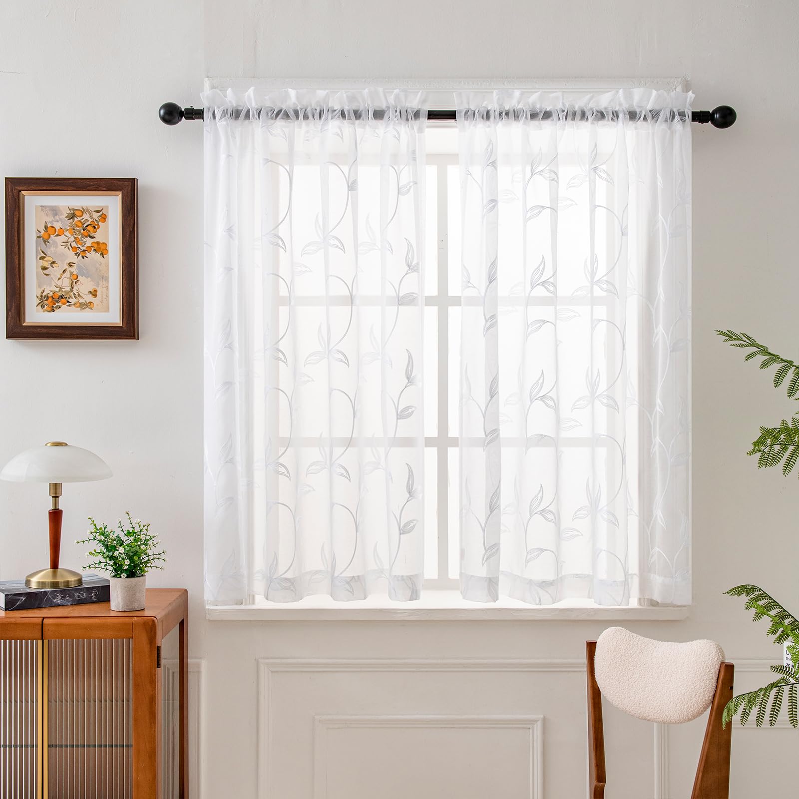 VISIONTEX 2 Panels Sheer Curtains 84 Inches Long, Cream Beige Floral Leaf Embroidered Semi Sheer Voile Curtains, Rod Pocket Light Filtering Window Drapes for Bedroom Living Room 54W x 84L