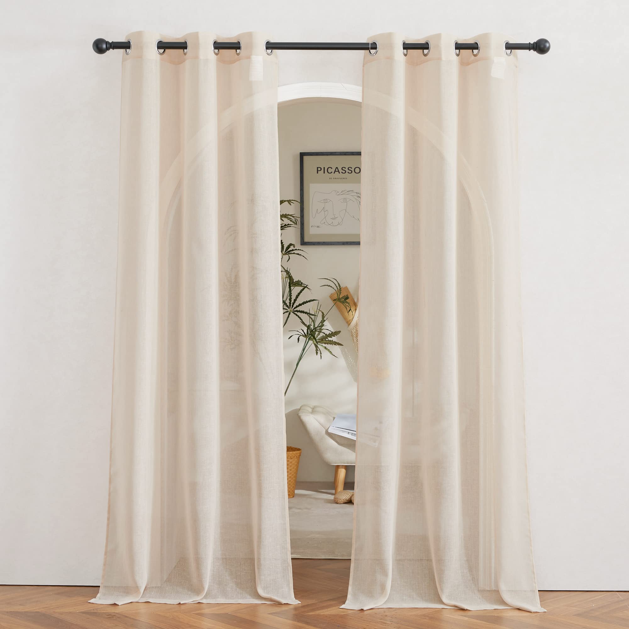 NICETOWN Linen Textured Semi Sheer Curtains 84 inches Length, Eyelet Top Bedroom Window Privacy Translucent Light Filtering Flax Sheer Drapes for Guest Room, 52 inches Wide, 2 Panels, Sea Mist