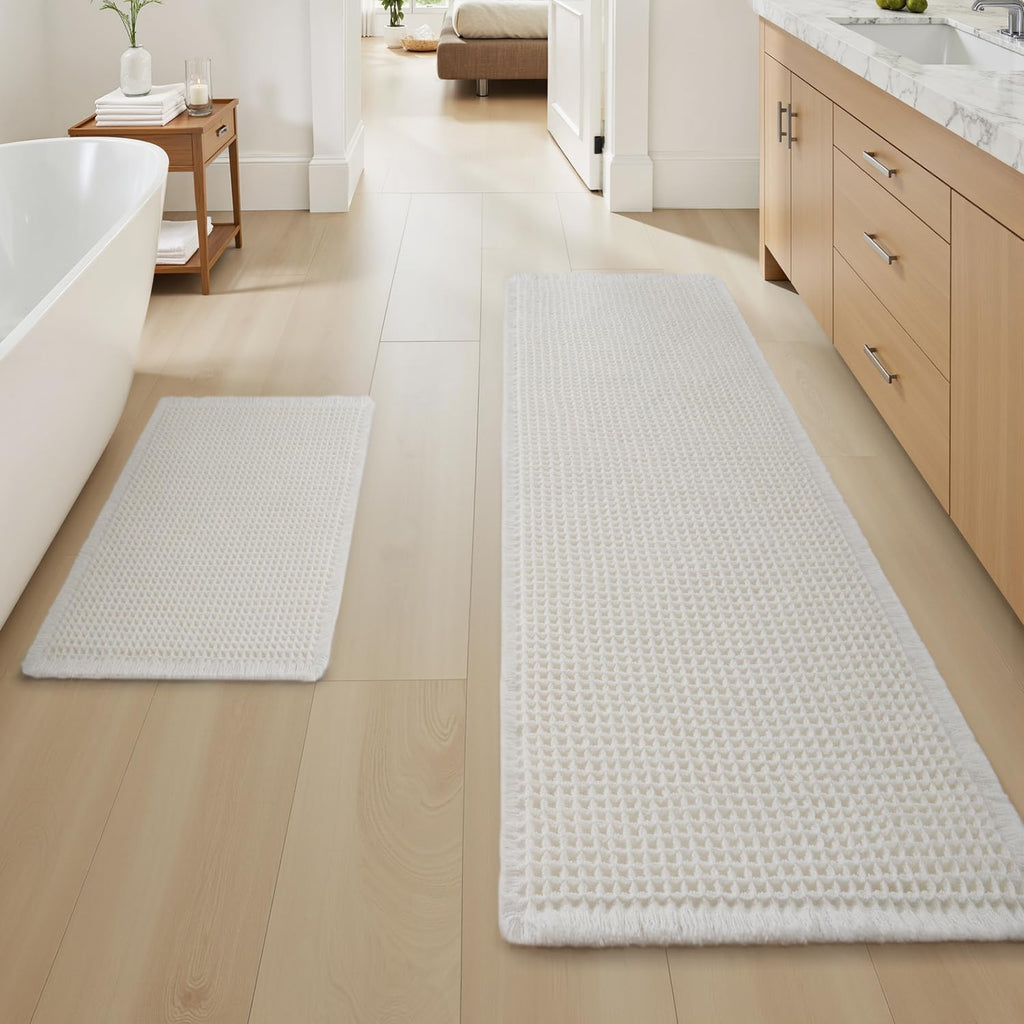 AMOAMI Upgraded Waffle Bath Mat, Super Absorbent Non Slip Bath Mats for Bathroom Floor, Machine Washable Bathroom Rugs with Tassels, Rubber Backed Bathroom Mats, Ultra Soft, 17" x 24", Brown