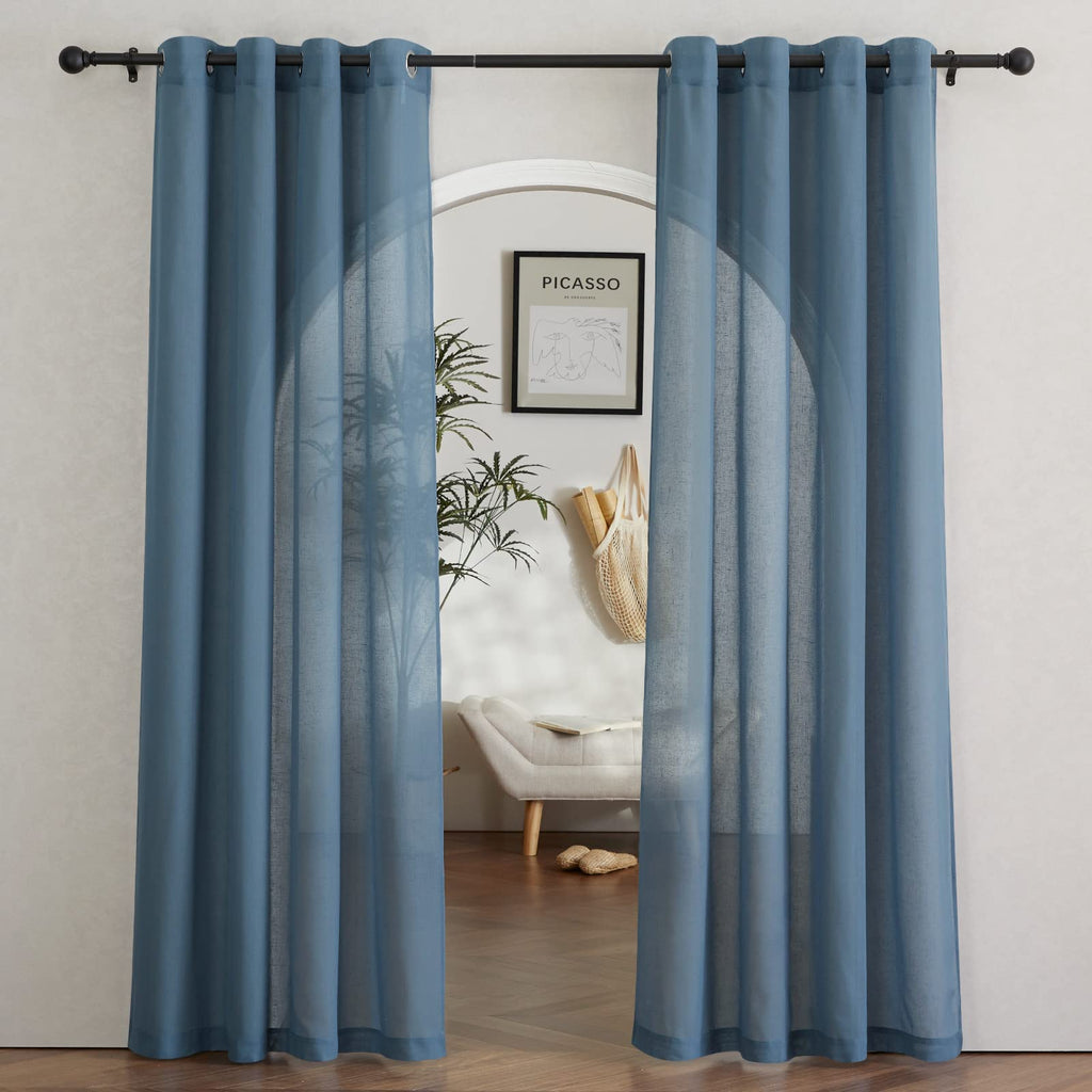 NICETOWN Linen Textured Semi Sheer Curtains 84 inches Length, Eyelet Top Bedroom Window Privacy Translucent Light Filtering Flax Sheer Drapes for Guest Room, 52 inches Wide, 2 Panels, Sea Mist