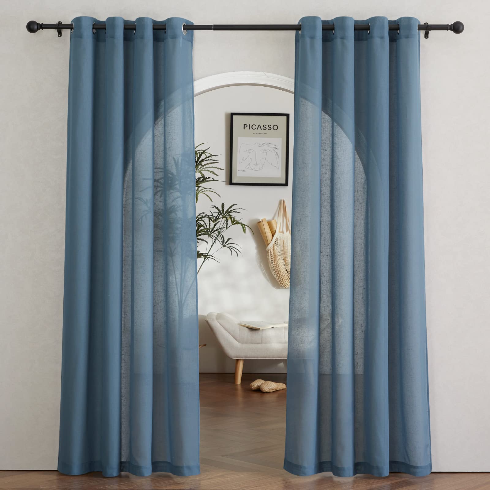 NICETOWN Linen Textured Semi Sheer Curtains 84 inches Length, Eyelet Top Bedroom Window Privacy Translucent Light Filtering Flax Sheer Drapes for Guest Room, 52 inches Wide, 2 Panels, Sea Mist