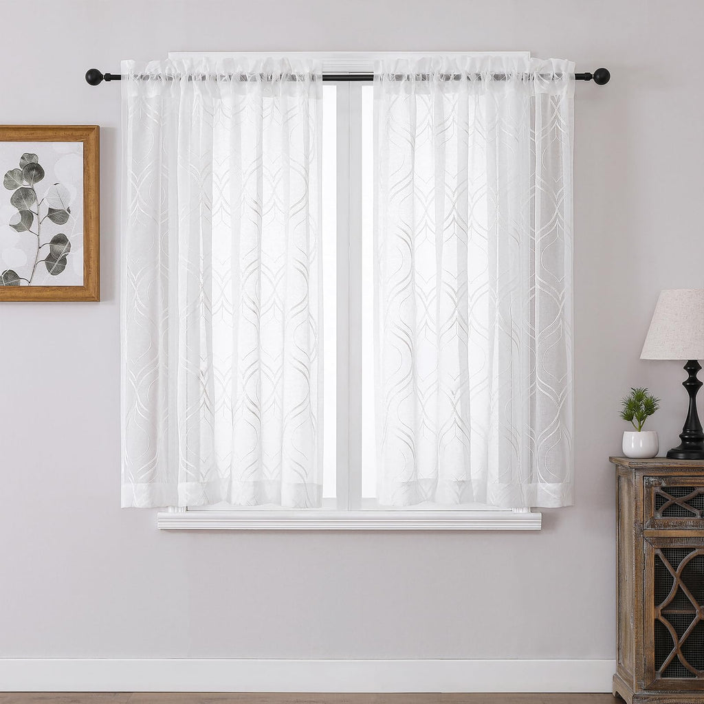 VISIONTEX White Sheer Curtains 84 Inches Long 2 Panels, Light Filtering Grey Moroccan Trellis Embroidered Semi Sheer Voile Drapes, Rod Pocket Textured Window Curtain for Bedroom Living Room 54W x 84L